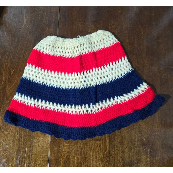 Vtg Handmade Red White Blue Striped Crochet Wool Skirt Size Small Elastic Waist - Picture 1 of 7